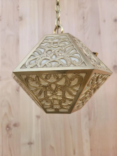 Vintage Asian Pierced Brass Trio of Multi Tiered Ceiling Pendant Chandelier Light