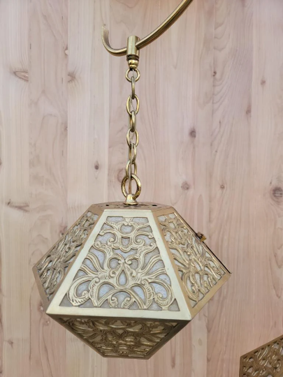 Vintage Asian Pierced Brass Trio of Multi Tiered Ceiling Pendant Chandelier Light