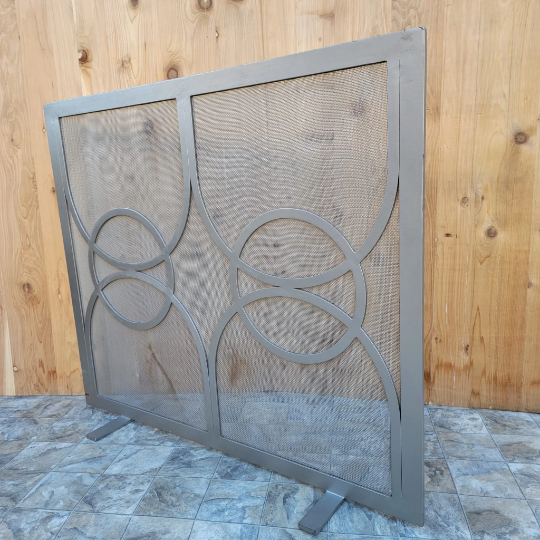 Vintage Modern Silver Finish Geometric Design Wrought Iron Stand Alone Fire Screen