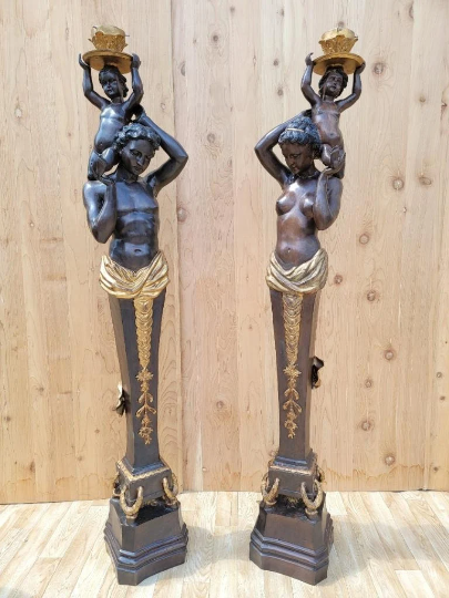 Antique French Bronze Figural Electrified Torchiere Lamps - Pair