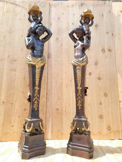 Antique French Bronze Figural Electrified Torchiere Lamps - Pair