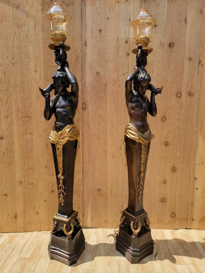 Antique French Bronze Figural Electrified Torchiere Lamps - Pair