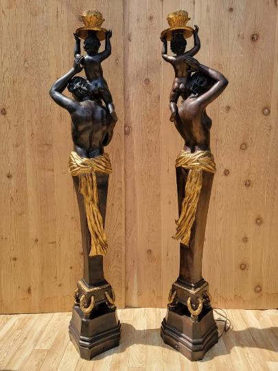 Antique French Bronze Figural Electrified Torchiere Lamps - Pair