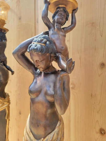 Antique French Bronze Figural Electrified Torchiere Lamps - Pair