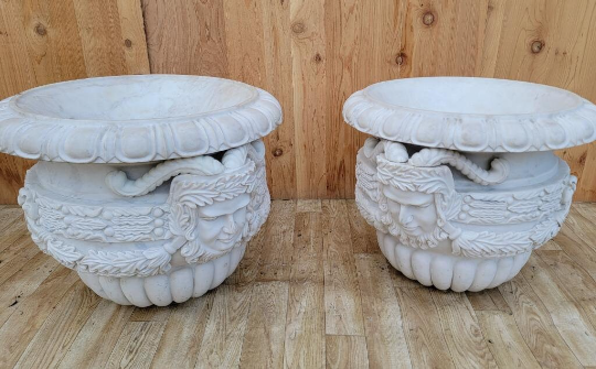 Antique Neoclassical Hand Sculpted Italian White Marble Figural Planters - Set of 2