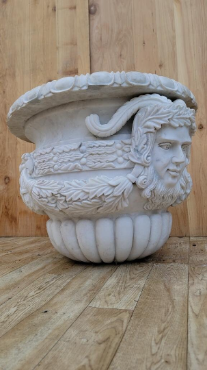 Antique Neoclassical Hand Sculpted Italian White Marble Figural Planters - Set of 2