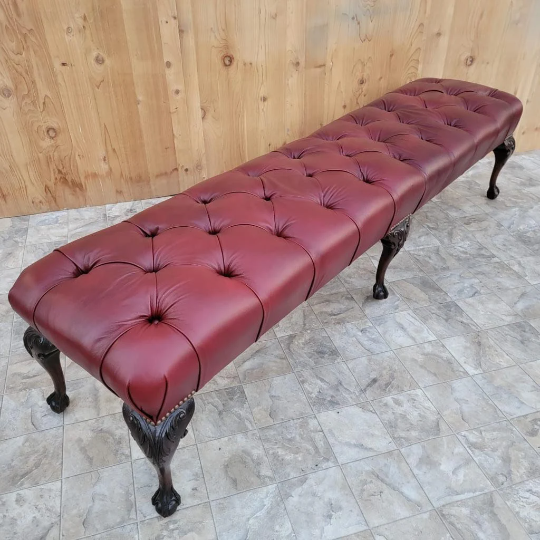 Antique Chippendale Style Carved Mahogany Tufted Hall/Dining Bench Newly Reupholstered - Pair