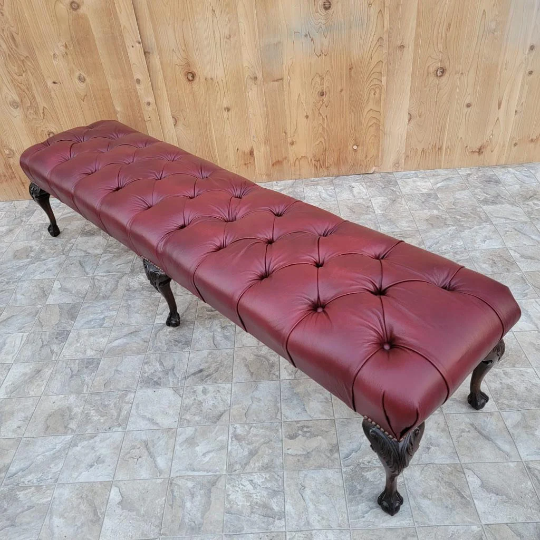 Antique Chippendale Style Carved Mahogany Tufted Hall/Dining Bench Newly Reupholstered - Pair