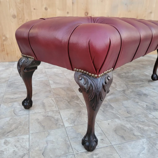 Antique Chippendale Style Carved Mahogany Tufted Hall/Dining Bench Newly Reupholstered - Pair