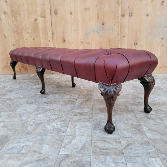 Antique Chippendale Style Carved Mahogany Tufted Hall/Dining Bench Newly Reupholstered - Pair