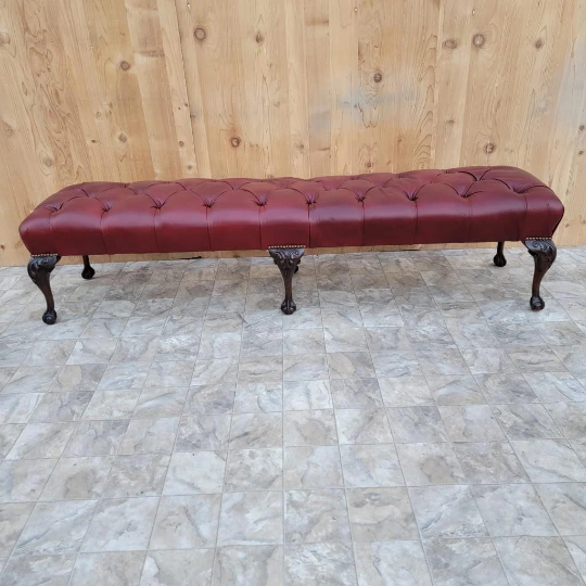 Antique Chippendale Style Carved Mahogany Tufted Hall/Dining Bench Newly Reupholstered - Pair