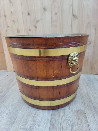 Antique Barrel Tray Top Table With Brass Bands and Lion Handles