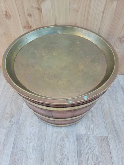 Antique Barrel Tray Top Table With Brass Bands and Lion Handles