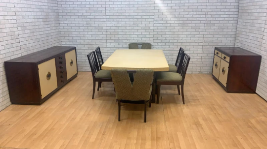 Art Deco Paul Frankl for Johnson Furniture Mahogany & Cork Dining Set - 12 Piece Set
