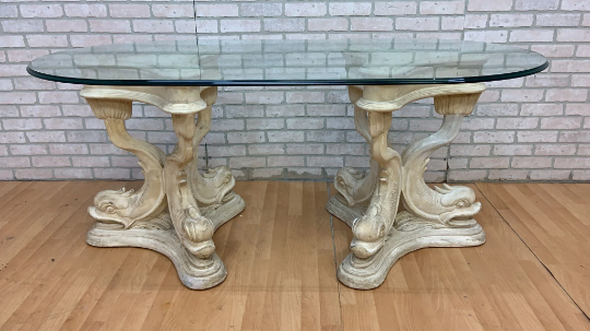 Hollywood Regency Asian Koi Dragon Fish Glass Top Console Table