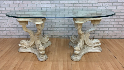 Hollywood Regency Asian Koi Dragon Fish Glass Top Console Table
