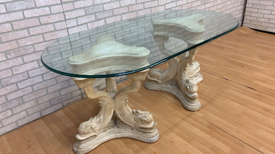 Hollywood Regency Asian Koi Dragon Fish Glass Top Console Table