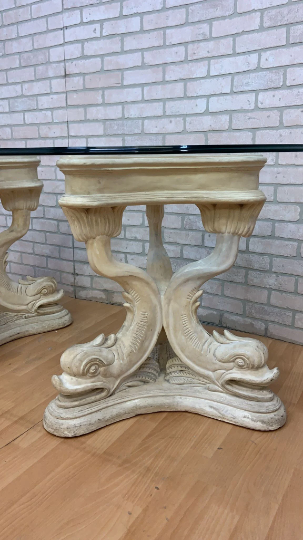 Hollywood Regency Asian Koi Dragon Fish Glass Top Console Table
