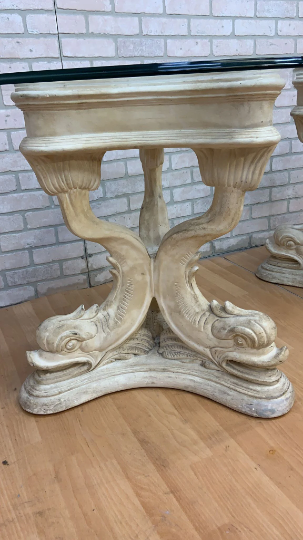 Hollywood Regency Asian Koi Dragon Fish Glass Top Console Table