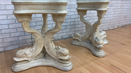 Hollywood Regency Asian Koi Dragon Fish Glass Top Console Table