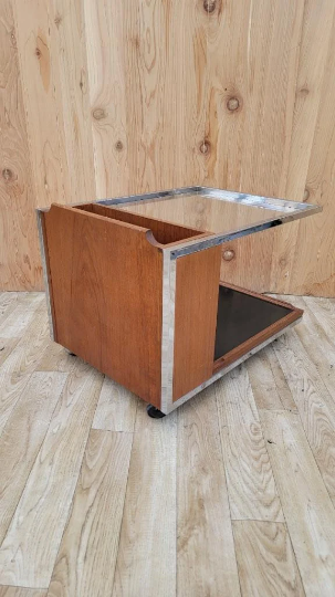 Mid Century Modern Chrome Trimmed Wood with Glass-Top Magazine Trolly on Casters