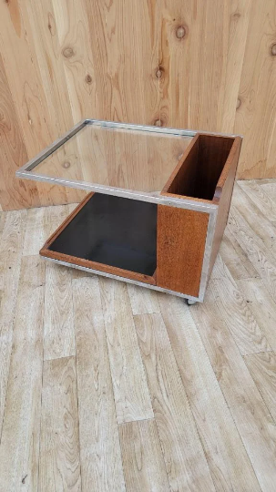 Mid Century Modern Chrome Trimmed Wood with Glass-Top Magazine Trolly on Casters