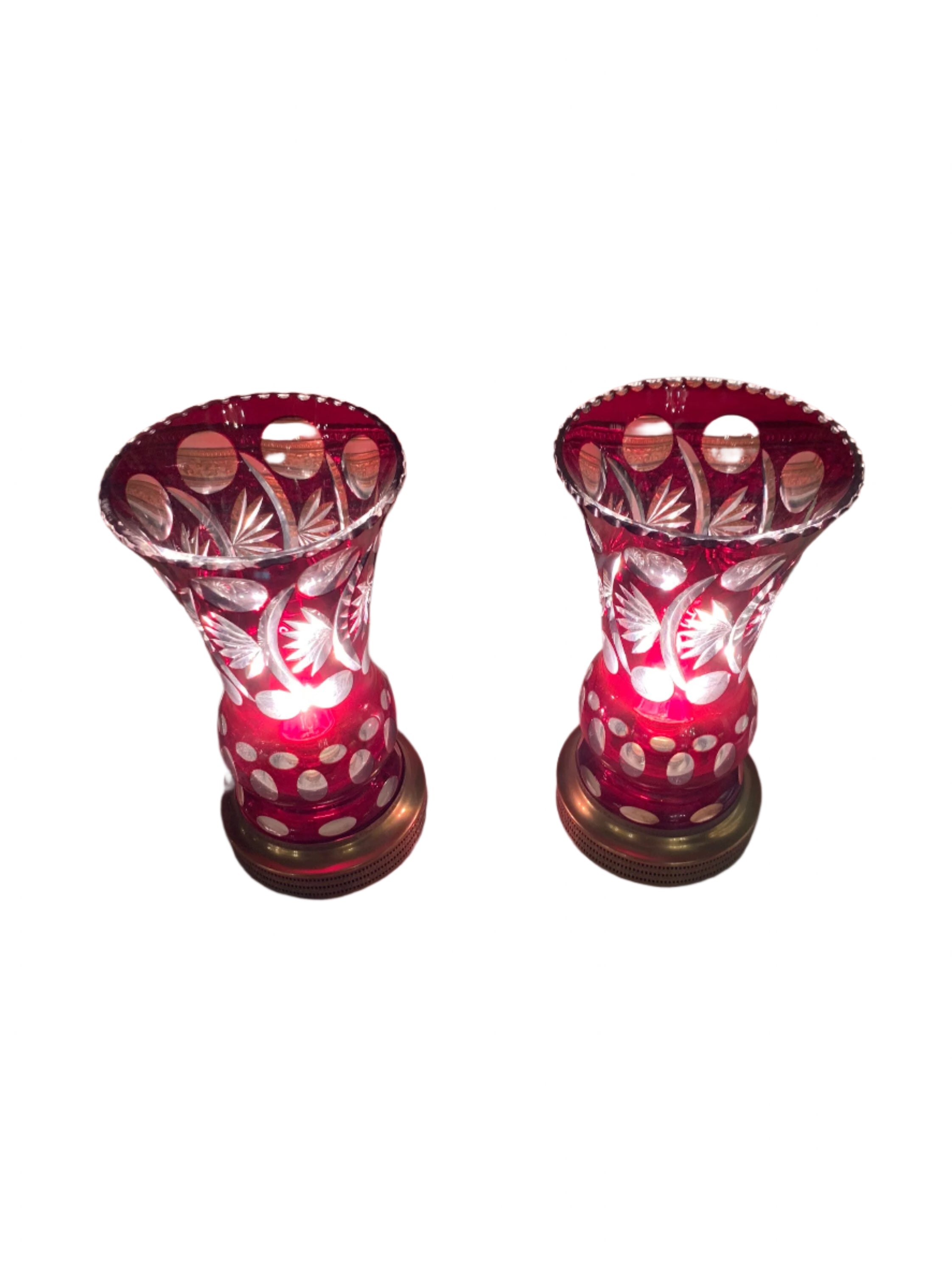 Antique Cranberry Crystal Table Lamps - Pair
