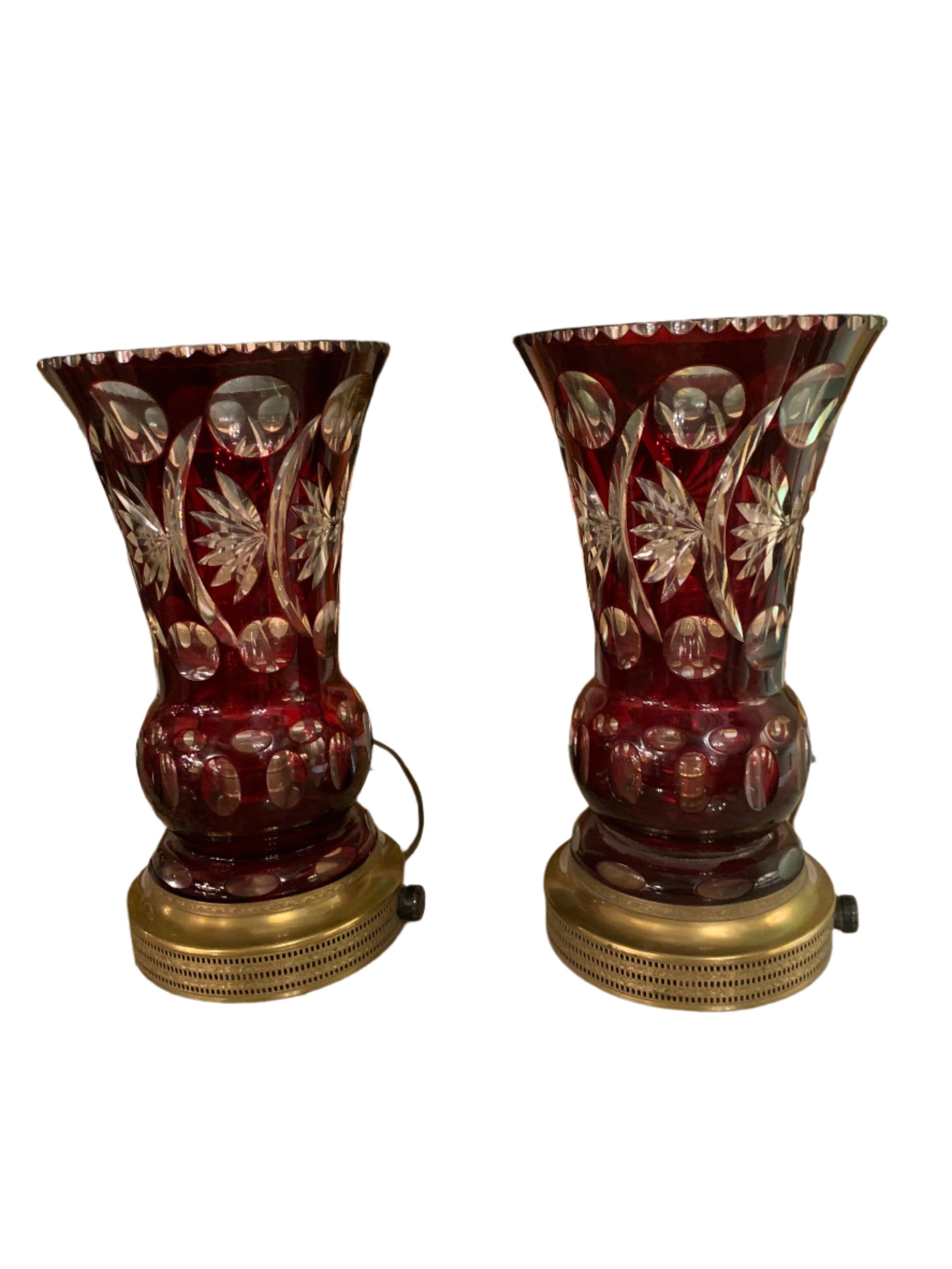 Antique Cranberry Crystal Table Lamps - Pair