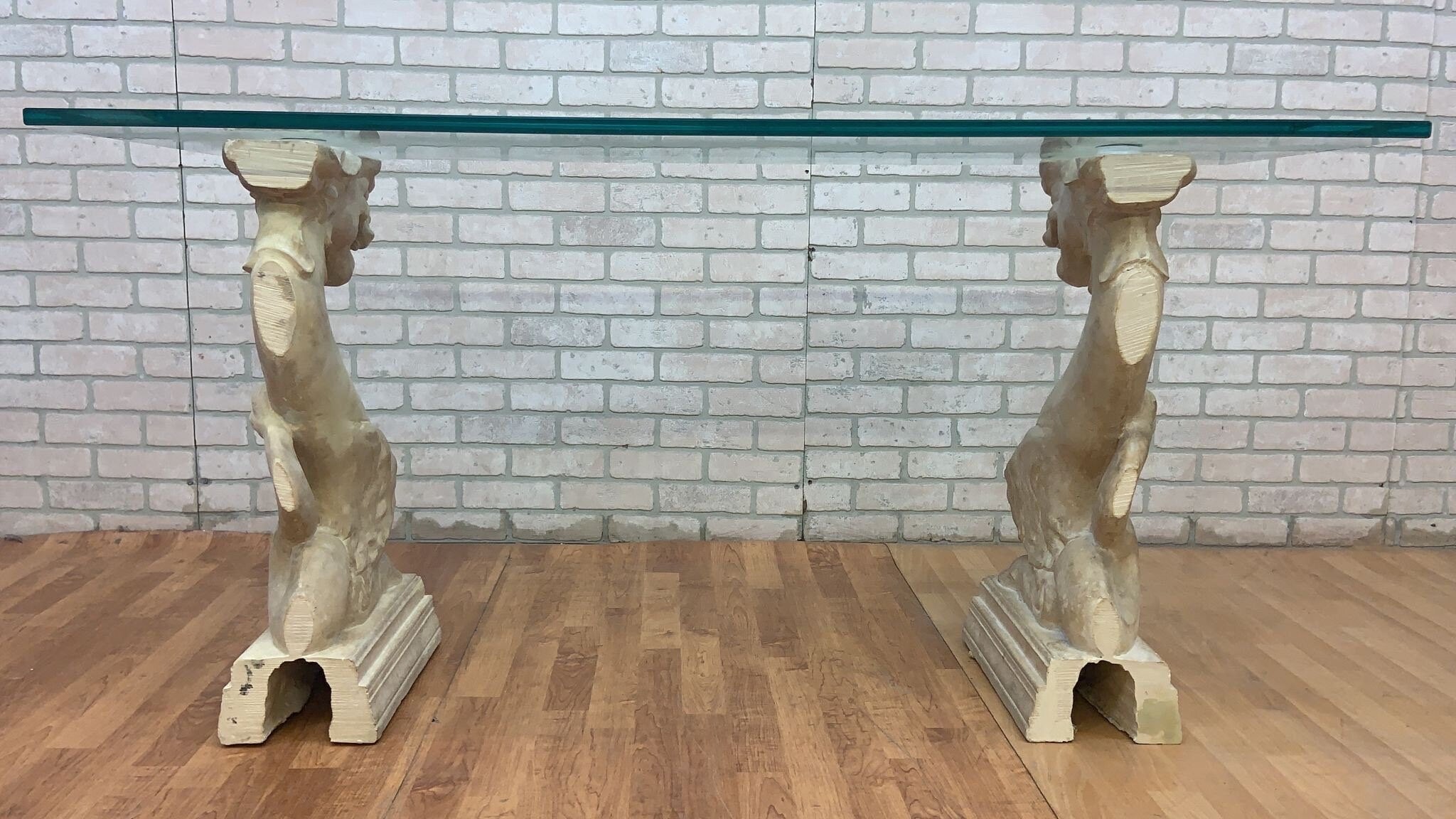 Vintage Hollywood Regency Asian Dragon Statue with Glass Top Console Table