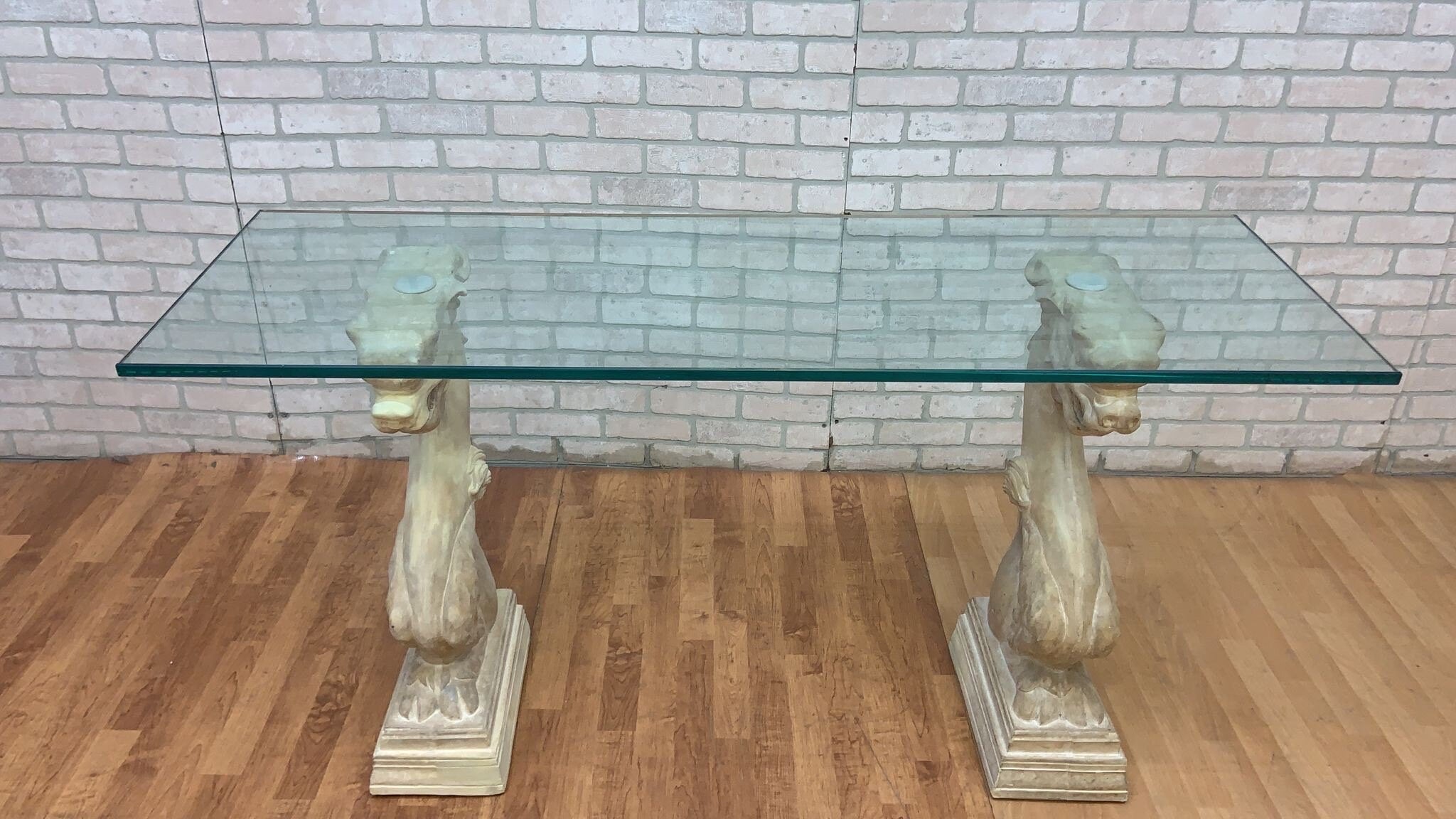 Vintage Hollywood Regency Asian Dragon Statue with Glass Top Console Table