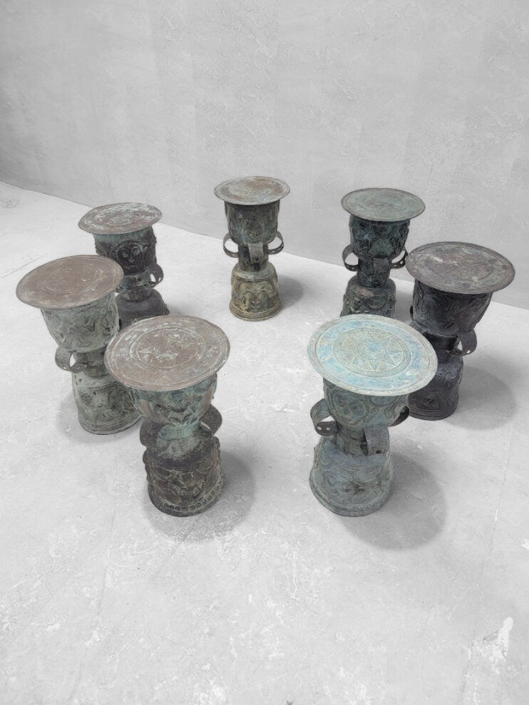 Antique Balinese Hammered Bronze Rain Drum Garden Stool/Plant Stand with Patina - Set of 7