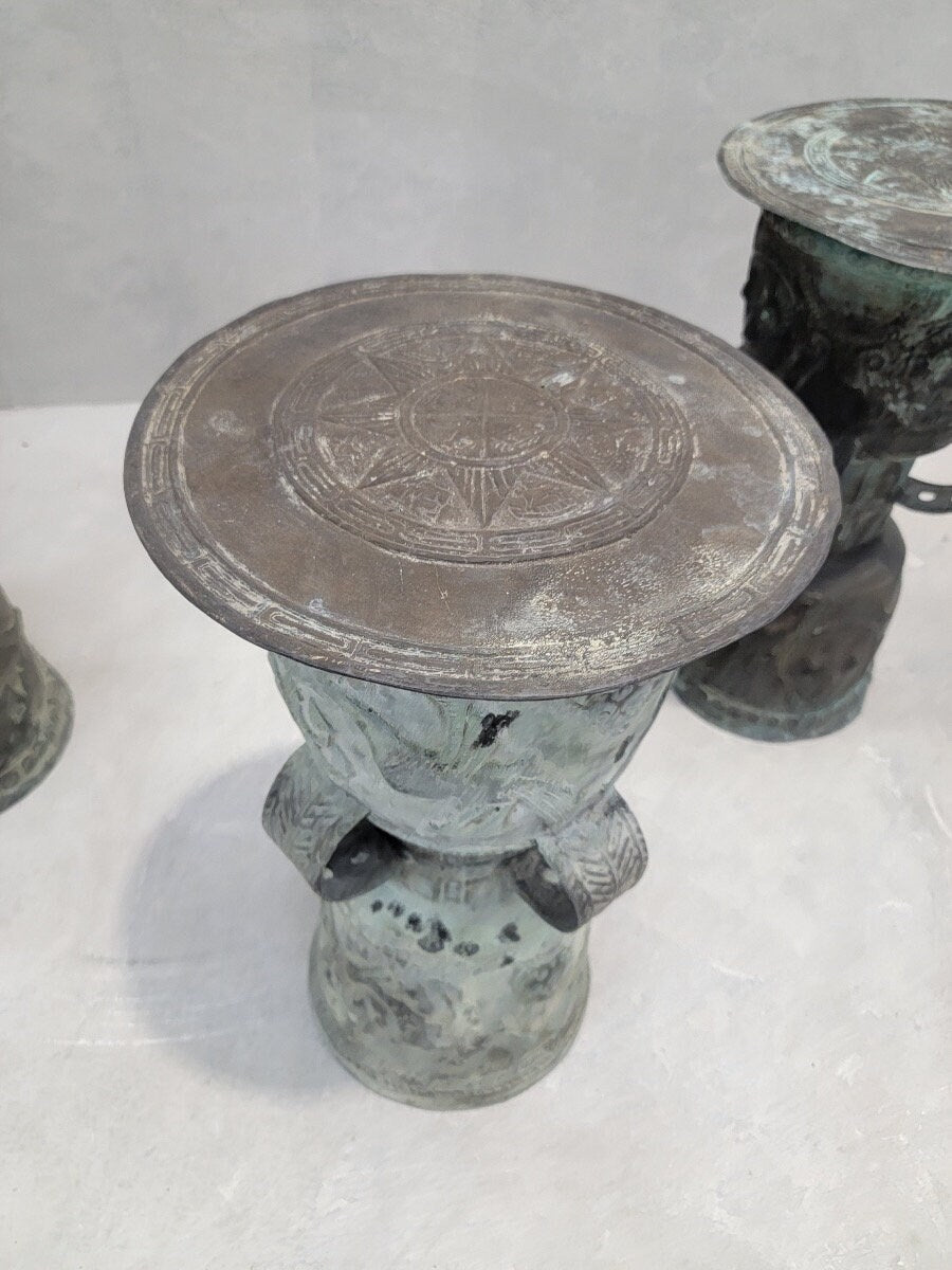 Antique Balinese Hammered Bronze Rain Drum Garden Stool/Plant Stand with Patina - Set of 7