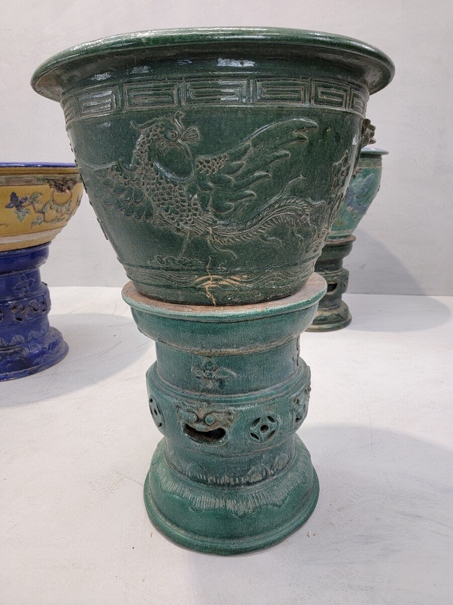 Antique Green Glazed Planter Pot Vase from Guangdong Province with Stand