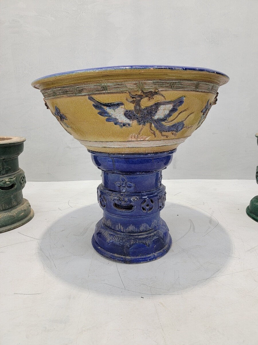 Antique Yellow and Blue-Glazed Planter Pot from Guangdong Province with Stand