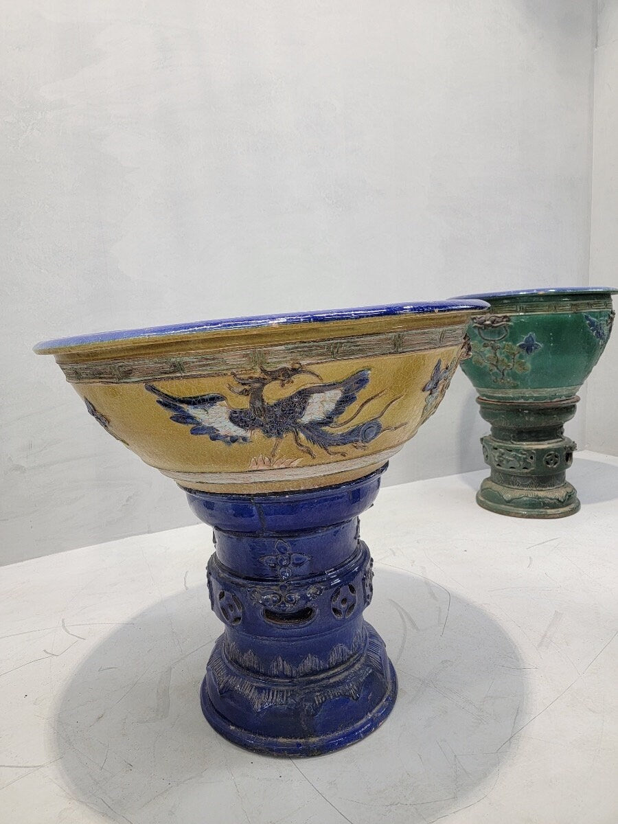 Antique Yellow and Blue-Glazed Planter Pot from Guangdong Province with Stand