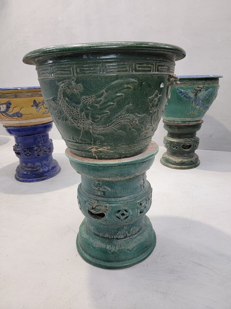 Antique Green Glazed Planter Pot Vase from Guangdong Province with Stand