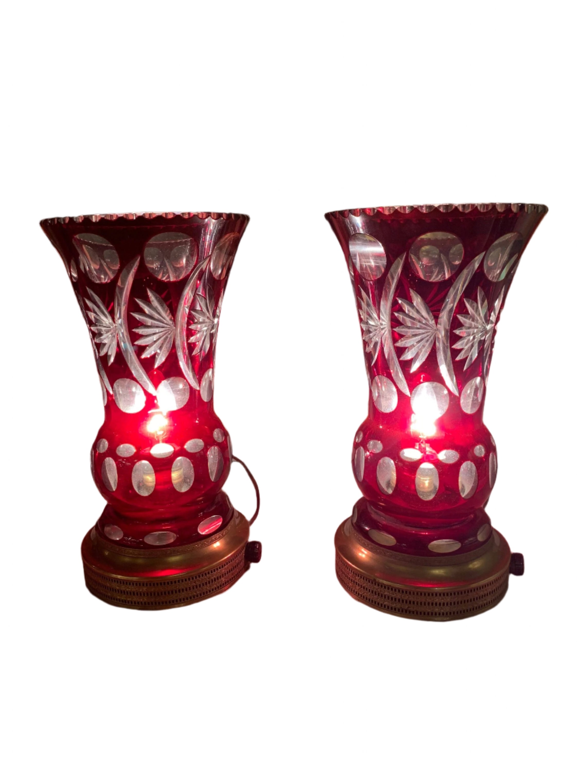 Antique Cranberry Crystal Table Lamps - Pair
