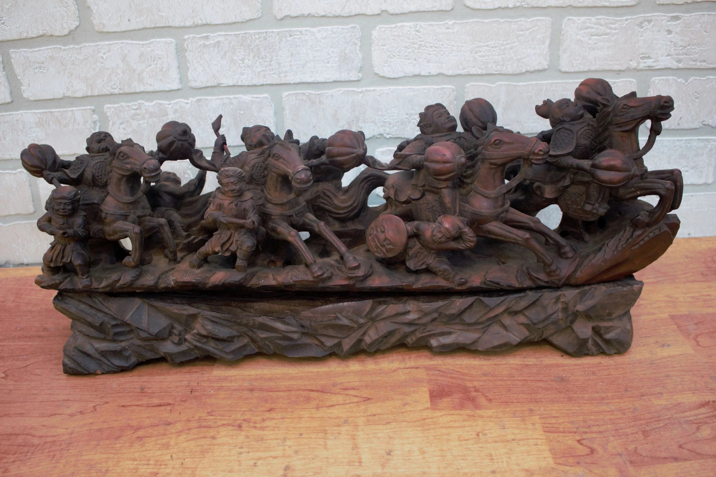 Carved Statue of Asian Warriors on Wood Base - 2 pieces