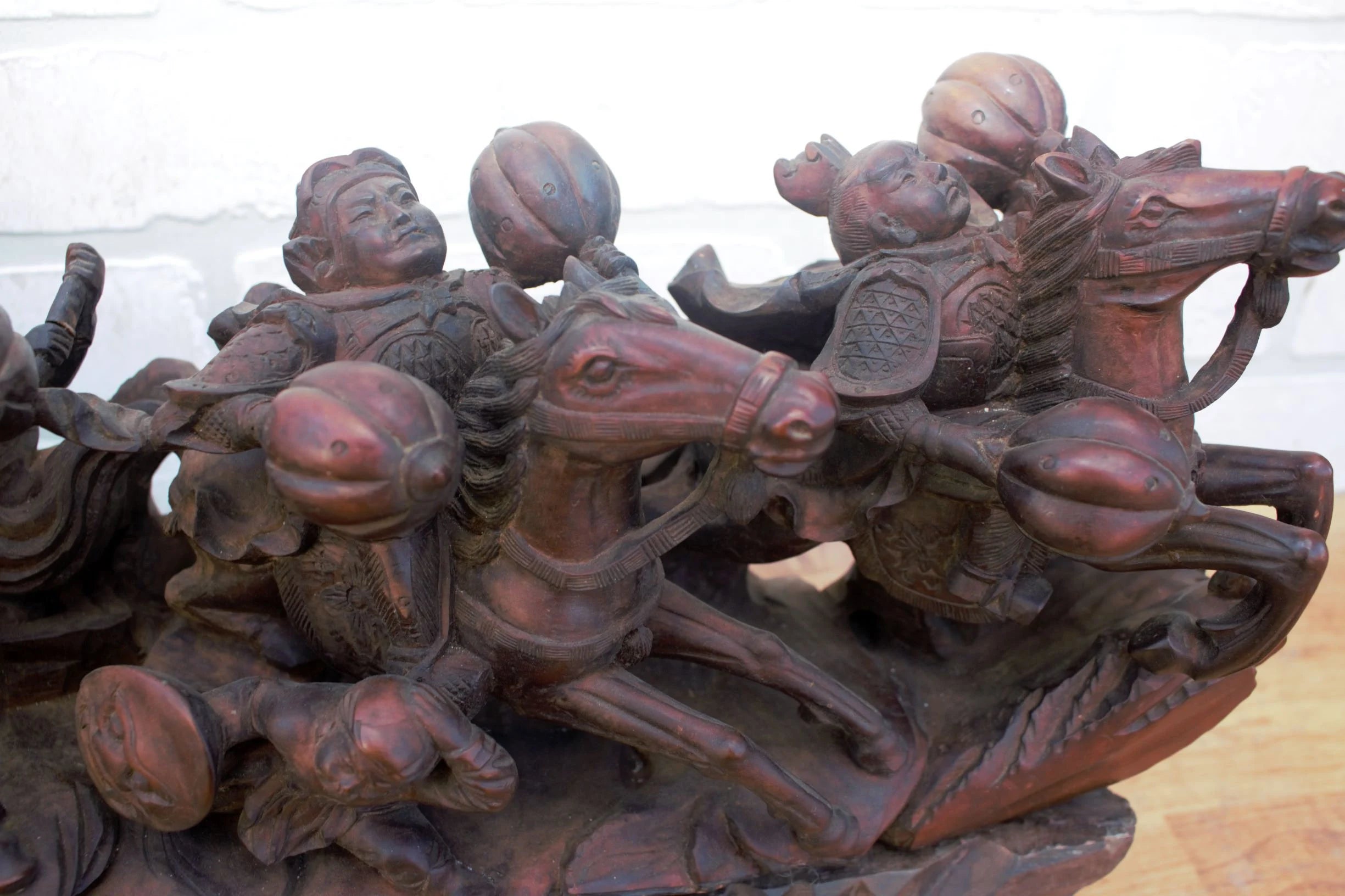 Carved Statue of Asian Warriors on Wood Base - 2 pieces