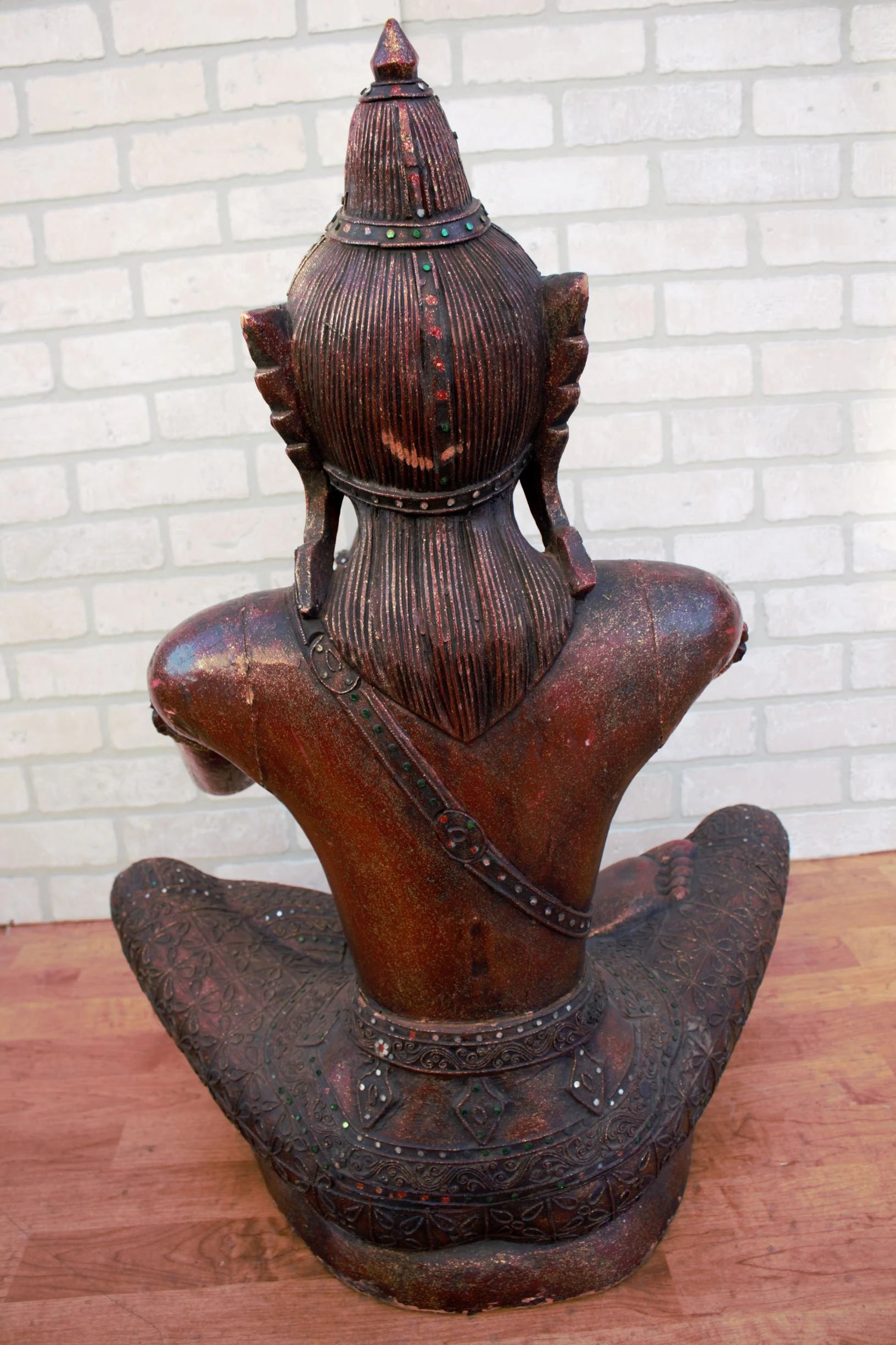 Antique Thai Carved Seated Buddha Playing a Flute