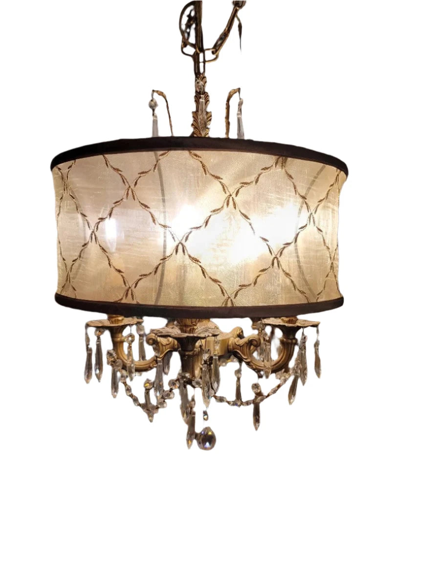Antique Brass Gold Embroidered Silk Shade Crystal Chandelier