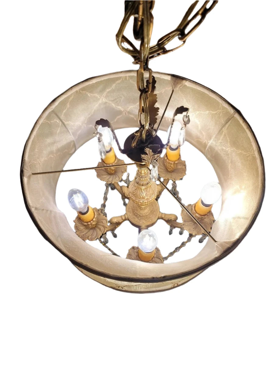 Antique Brass Gold Embroidered Silk Shade Crystal Chandelier