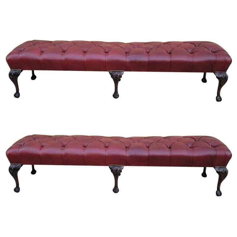 Antique Chippendale Style Carved Mahogany Tufted Hall/Dining Bench Newly Reupholstered - Pair