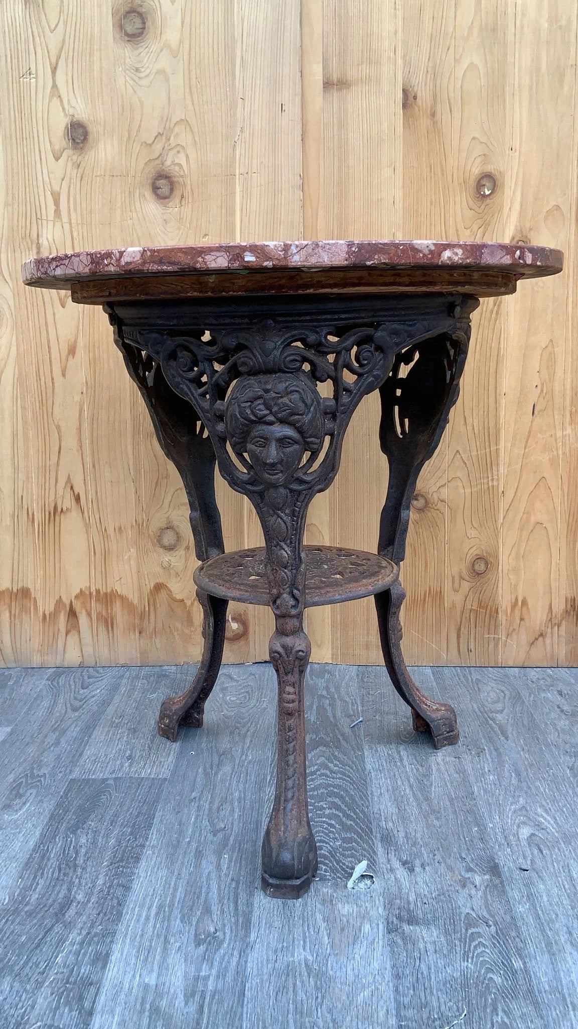 Antique Neoclassical Cast Iron Marble Top English Pub Table