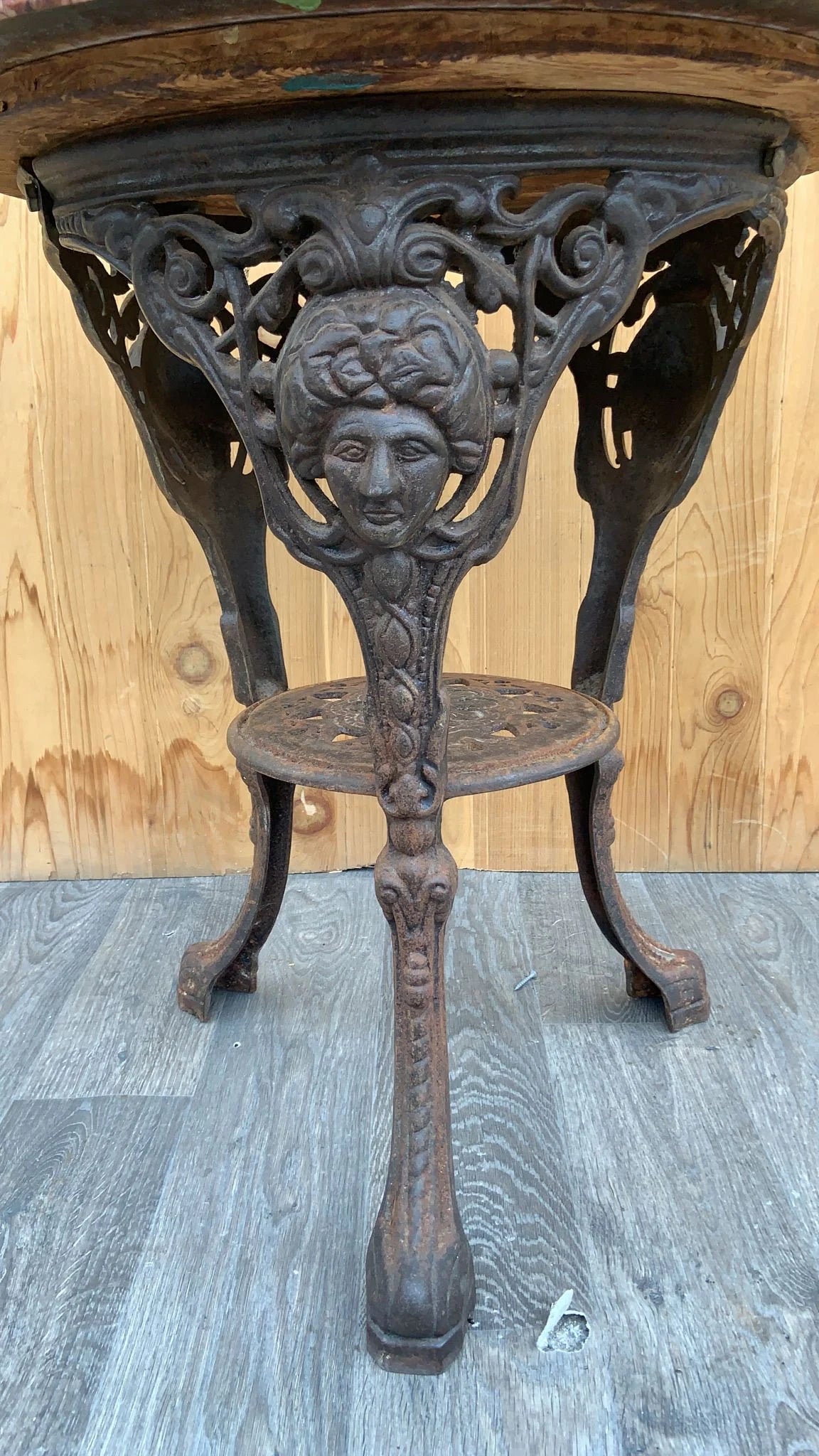 Antique Neoclassical Cast Iron Marble Top English Pub Table