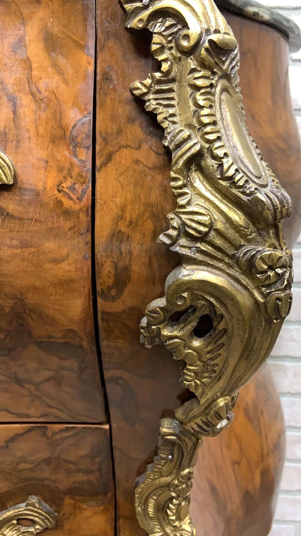 Vintage French Louis XV Style Bombe Commode Chest with Green Marble Style Top