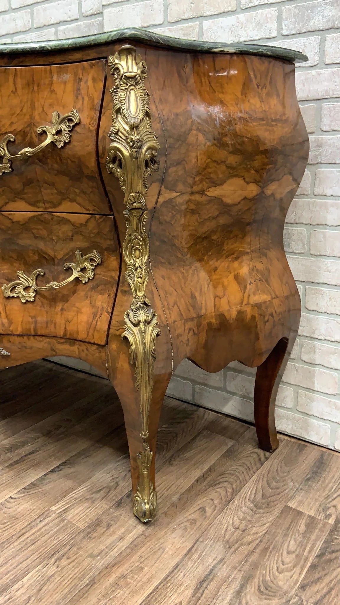 Vintage French Louis XV Style Bombe Commode Chest with Green Marble Style Top