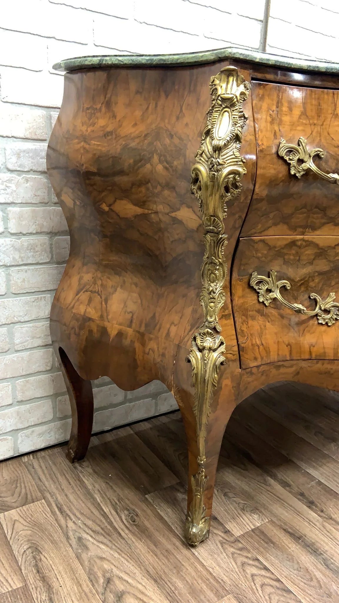 Vintage French Louis XV Style Bombe Commode Chest with Green Marble Style Top