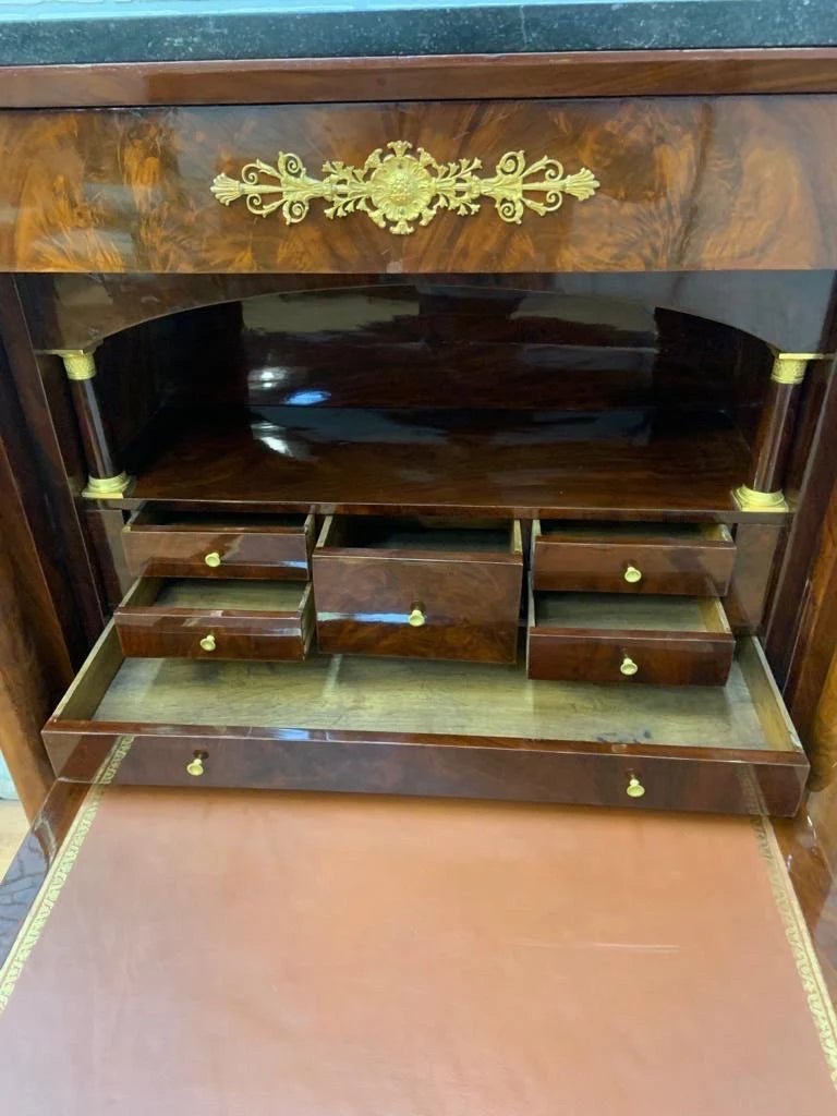Antique French Empire Mahogany Gilt-Bronze Marble-Top Abattant Secretary Desk