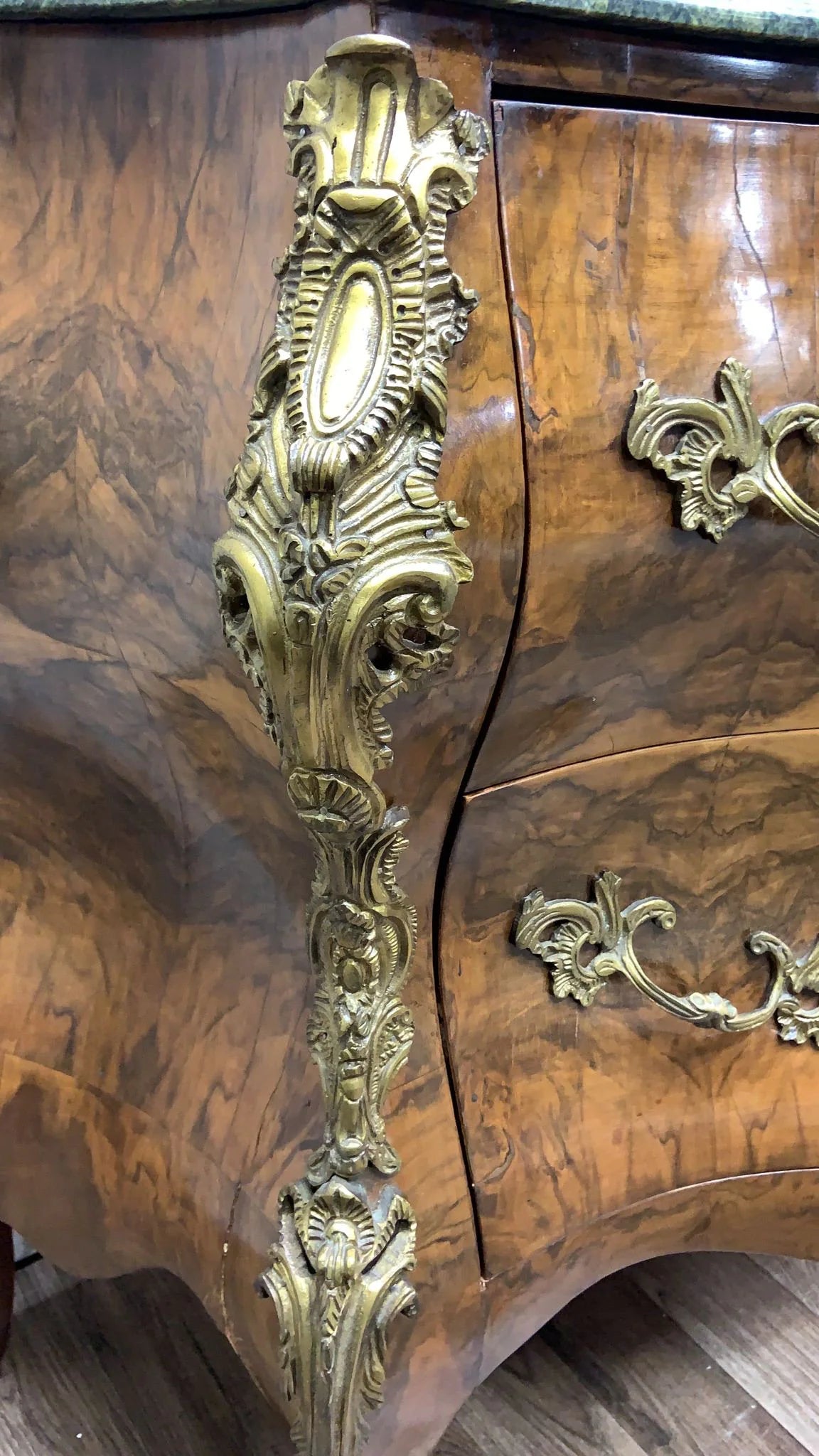 Vintage French Louis XV Style Bombe Commode Chest with Green Marble Style Top